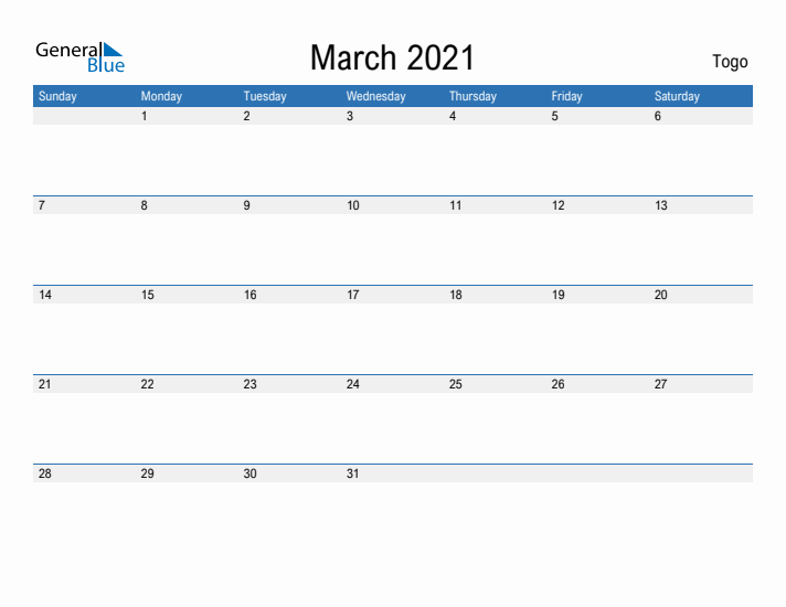 Fillable March 2021 Calendar