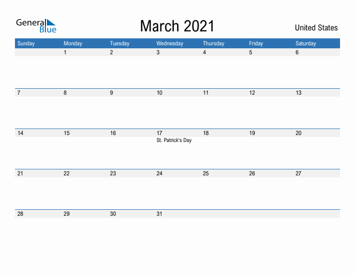 Fillable March 2021 Calendar