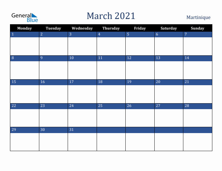 March 2021 Martinique Calendar (Monday Start)