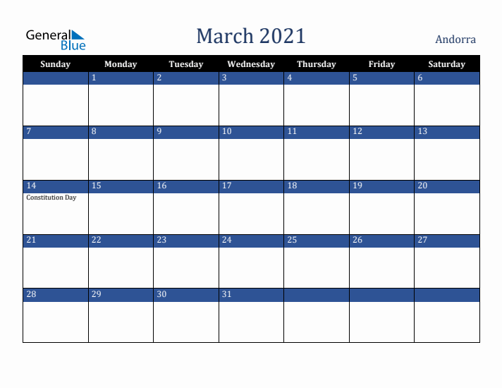 March 2021 Andorra Calendar (Sunday Start)