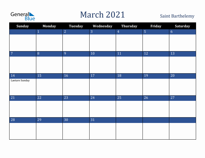 March 2021 Saint Barthelemy Calendar (Sunday Start)