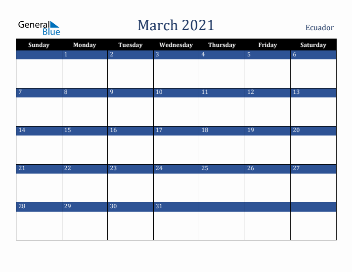 March 2021 Ecuador Calendar (Sunday Start)