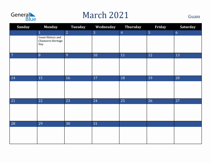 March 2021 Guam Calendar (Sunday Start)