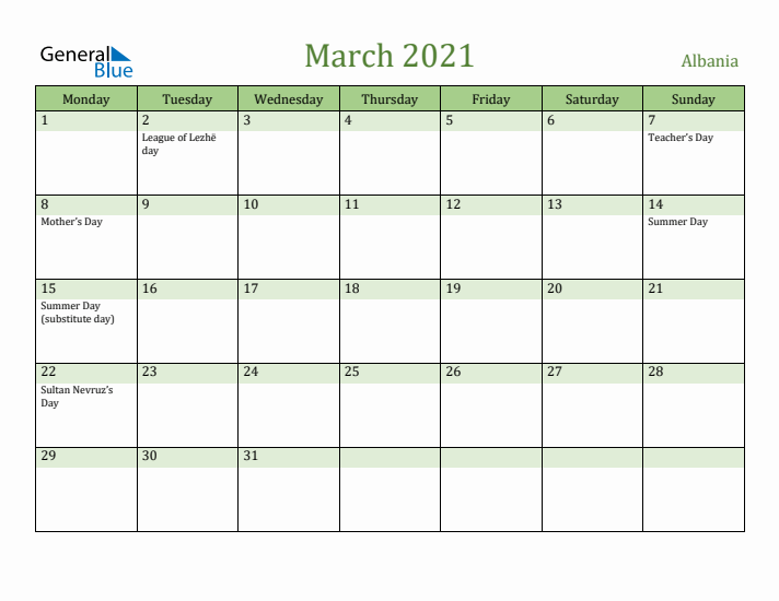 March 2021 Calendar with Albania Holidays