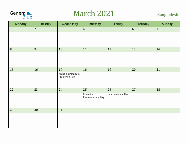 March 2021 Calendar with Bangladesh Holidays