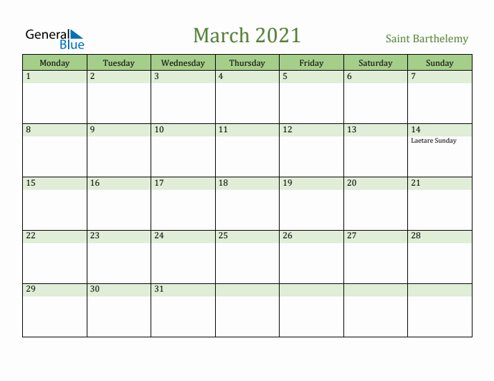 March 2021 Calendar with Saint Barthelemy Holidays