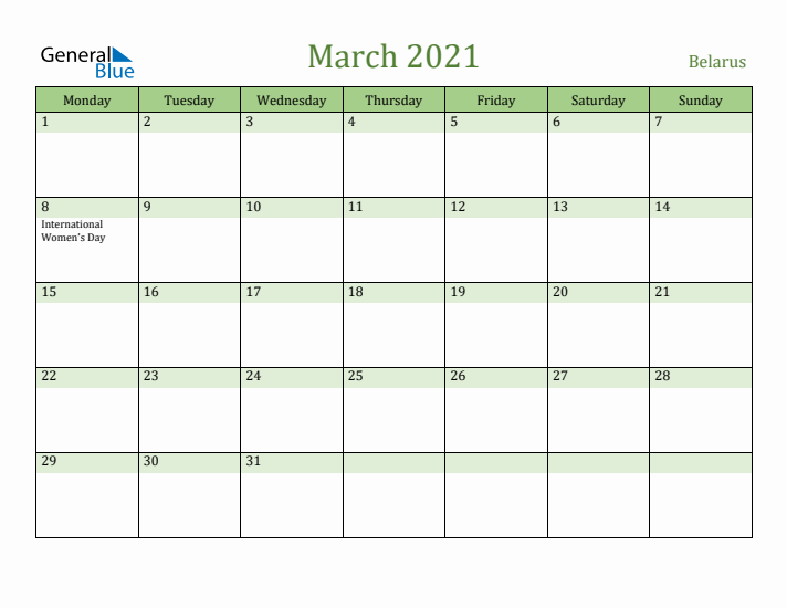 March 2021 Calendar with Belarus Holidays