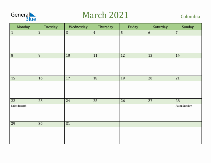 March 2021 Calendar with Colombia Holidays