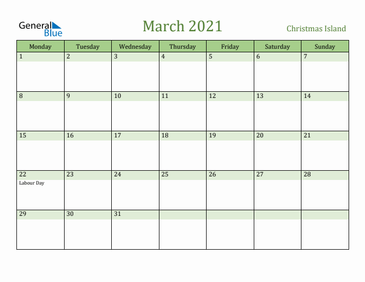 March 2021 Calendar with Christmas Island Holidays