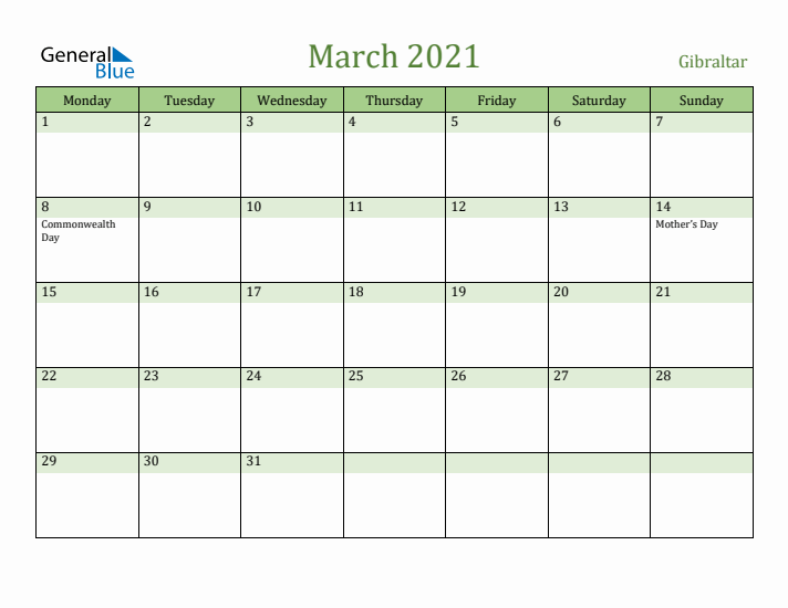 March 2021 Calendar with Gibraltar Holidays