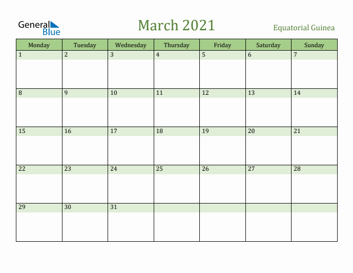 March 2021 Calendar with Equatorial Guinea Holidays