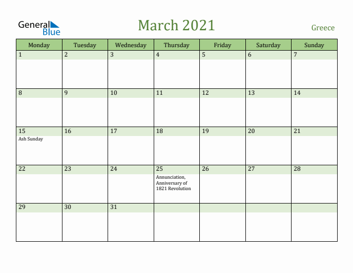 March 2021 Calendar with Greece Holidays