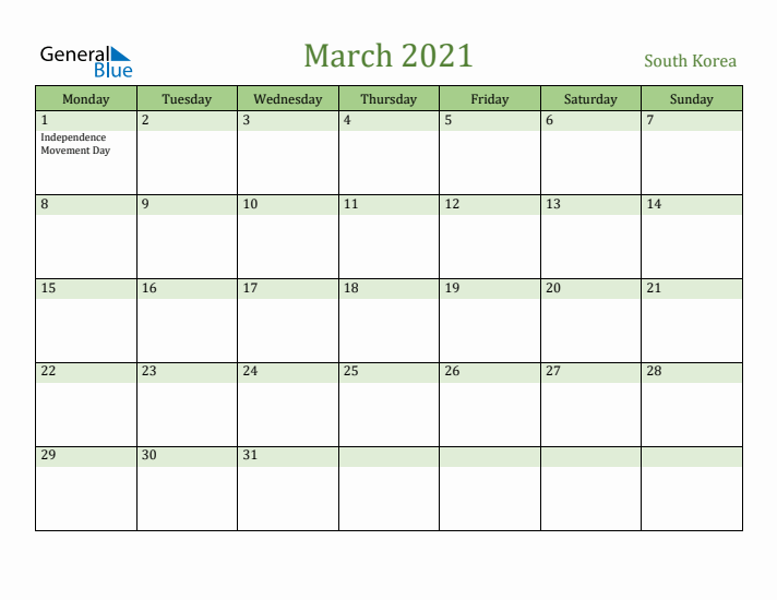 March 2021 Calendar with South Korea Holidays