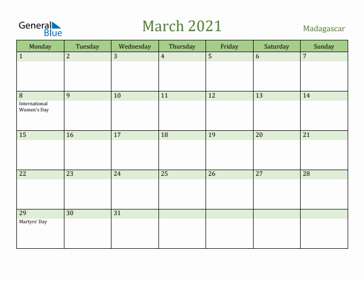 March 2021 Calendar with Madagascar Holidays