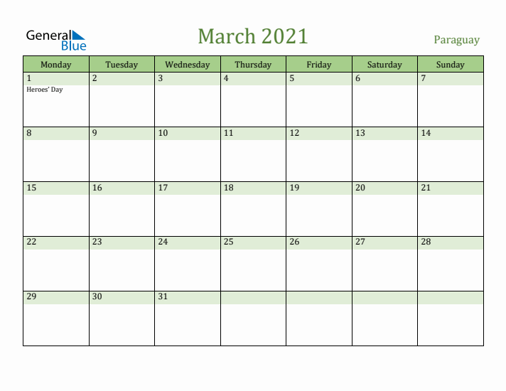 March 2021 Calendar with Paraguay Holidays