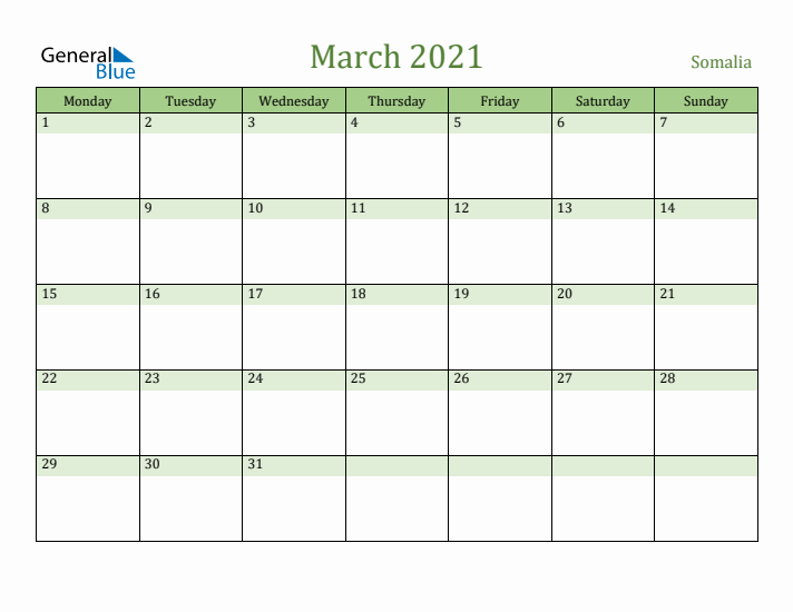 March 2021 Calendar with Somalia Holidays