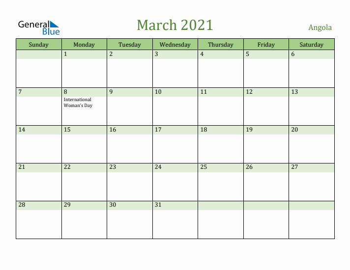 March 2021 Calendar with Angola Holidays