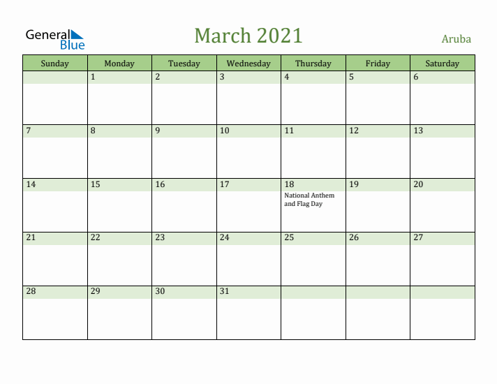 March 2021 Calendar with Aruba Holidays