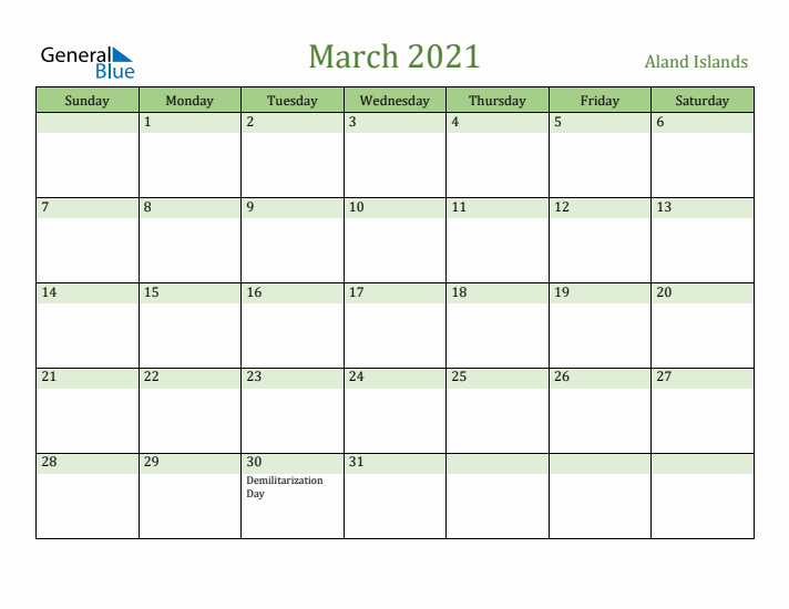 March 2021 Calendar with Aland Islands Holidays