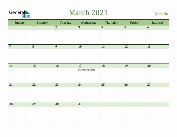 March 2021 Calendar with Canada Holidays