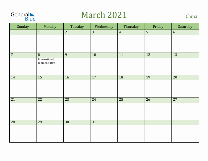 March 2021 Calendar with China Holidays