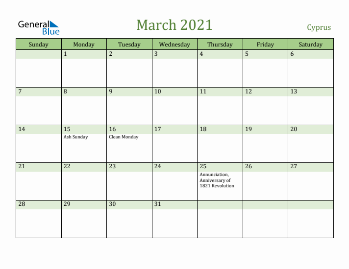 March 2021 Calendar with Cyprus Holidays