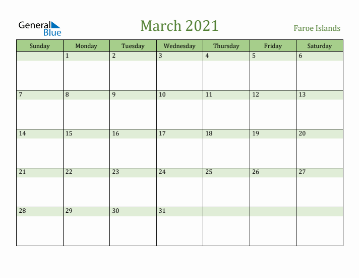 March 2021 Calendar with Faroe Islands Holidays