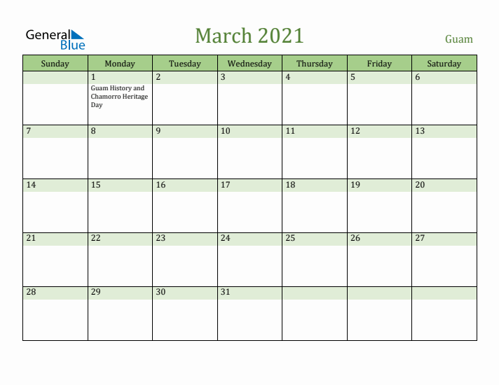 March 2021 Calendar with Guam Holidays