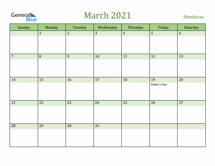 March 2021 Calendar with Honduras Holidays