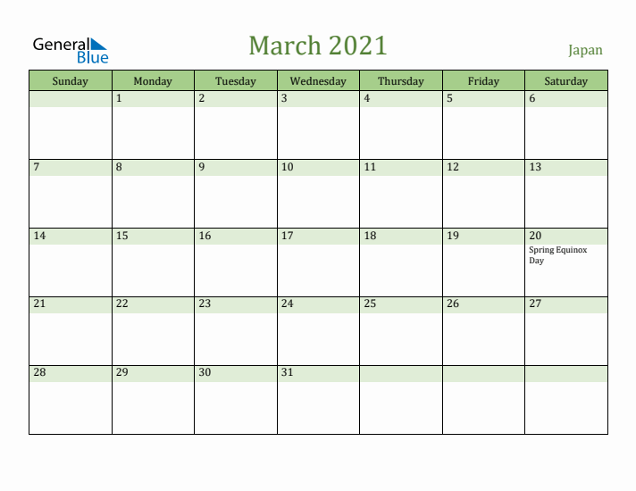 March 2021 Calendar with Japan Holidays