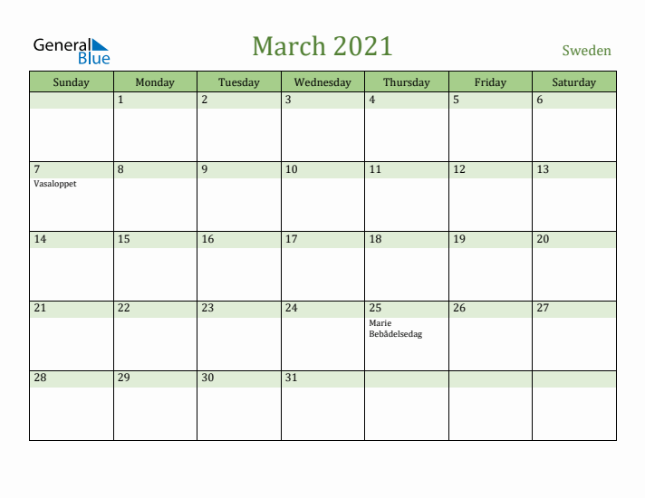 March 2021 Calendar with Sweden Holidays