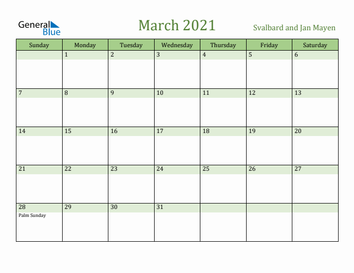 March 2021 Calendar with Svalbard and Jan Mayen Holidays