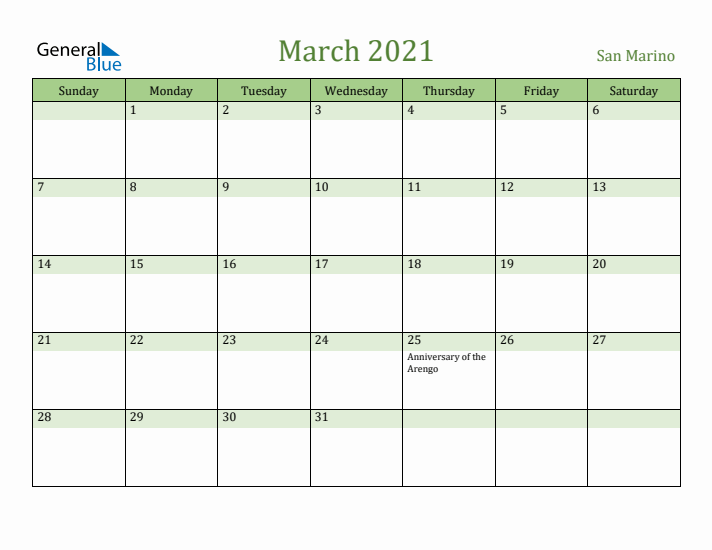 March 2021 Calendar with San Marino Holidays