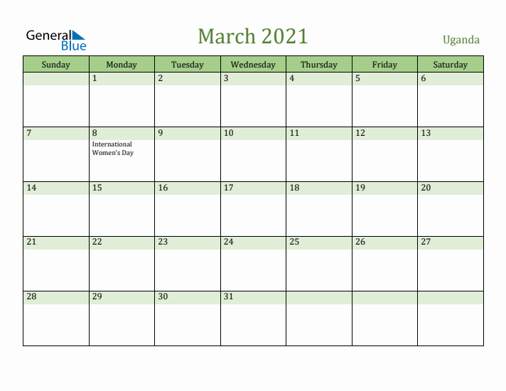 March 2021 Calendar with Uganda Holidays