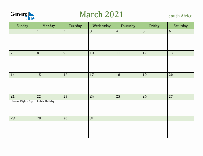 March 2021 Calendar with South Africa Holidays