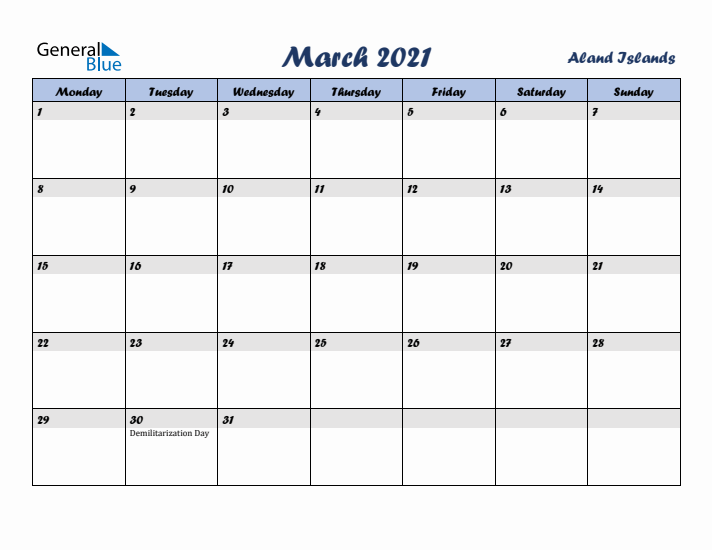 March 2021 Calendar with Holidays in Aland Islands