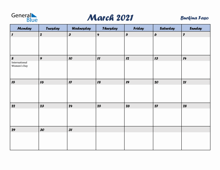 March 2021 Calendar with Holidays in Burkina Faso