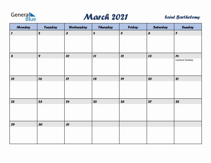 March 2021 Calendar with Holidays in Saint Barthelemy