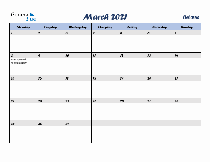 March 2021 Calendar with Holidays in Belarus