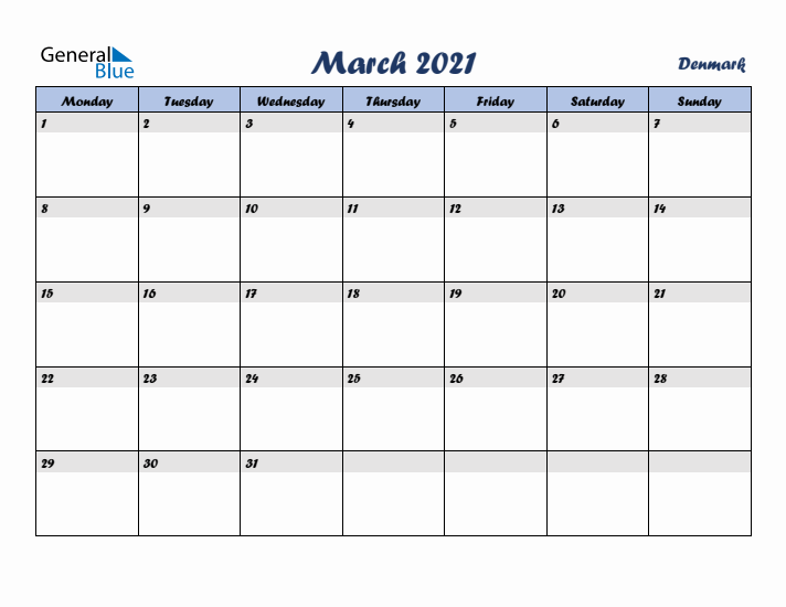 March 2021 Calendar with Holidays in Denmark