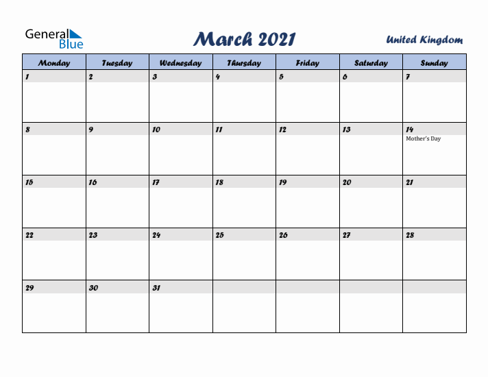 March 2021 Calendar with Holidays in United Kingdom