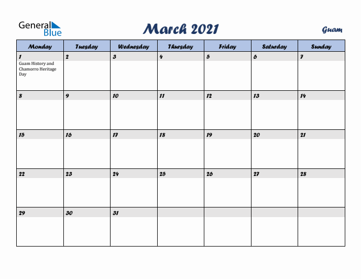 March 2021 Calendar with Holidays in Guam