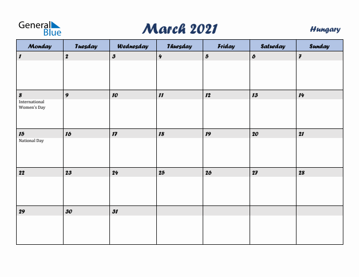 March 2021 Calendar with Holidays in Hungary