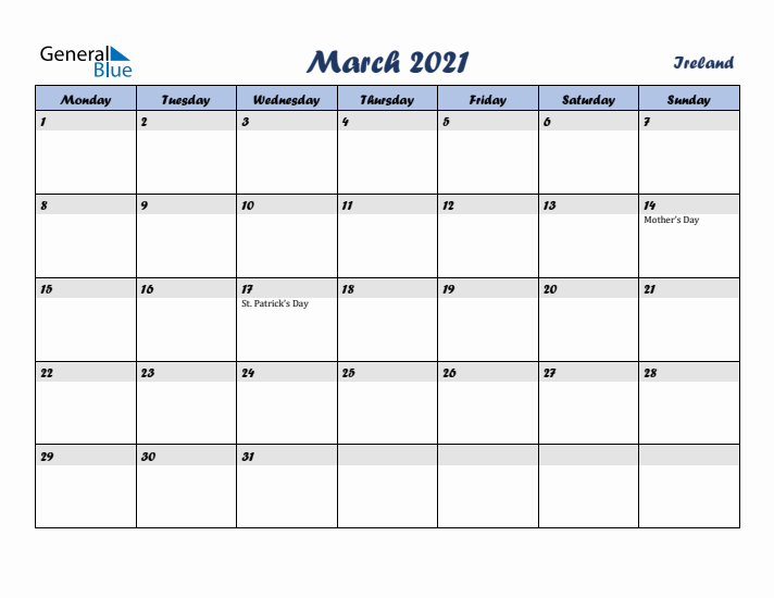 March 2021 Calendar with Holidays in Ireland