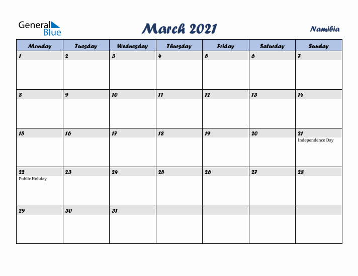 March 2021 Calendar with Holidays in Namibia