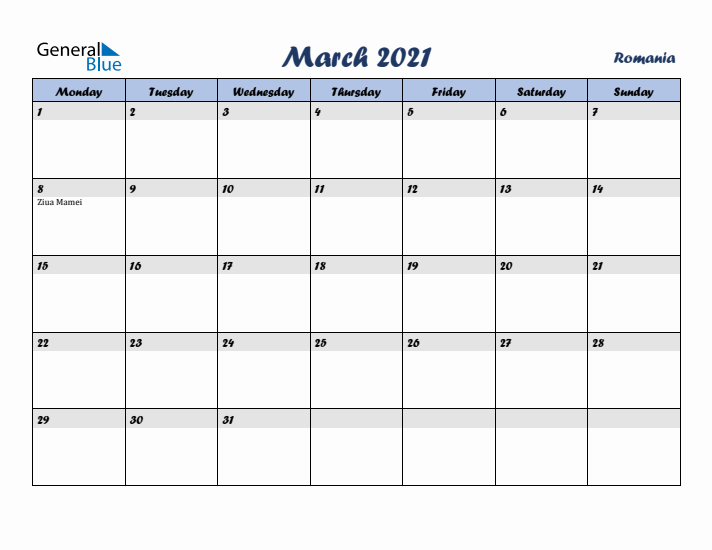 March 2021 Calendar with Holidays in Romania