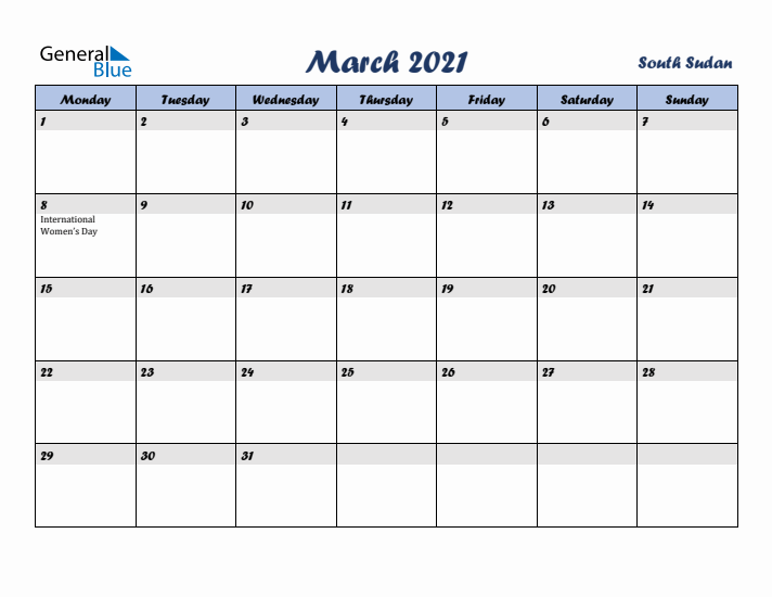 March 2021 Calendar with Holidays in South Sudan