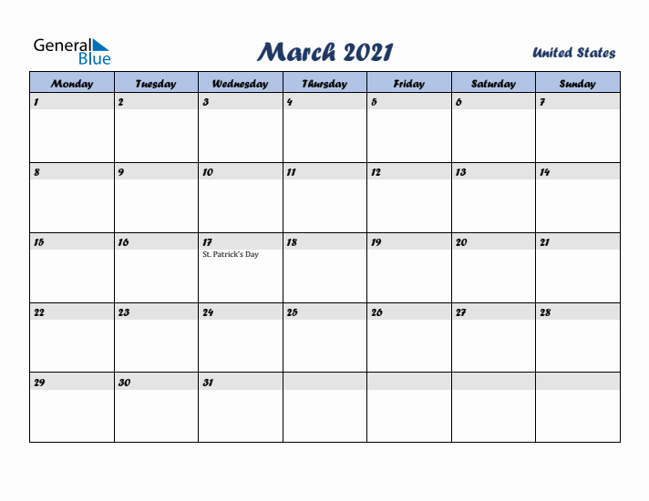 March 2021 Calendar with Holidays in United States