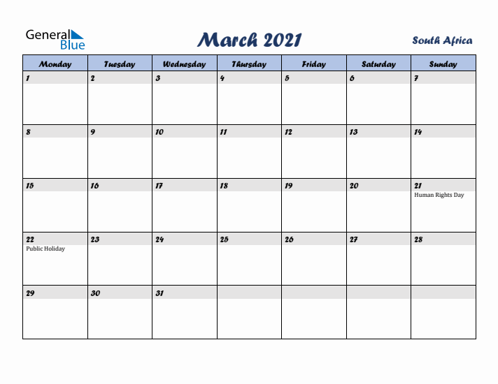 March 2021 Calendar with Holidays in South Africa