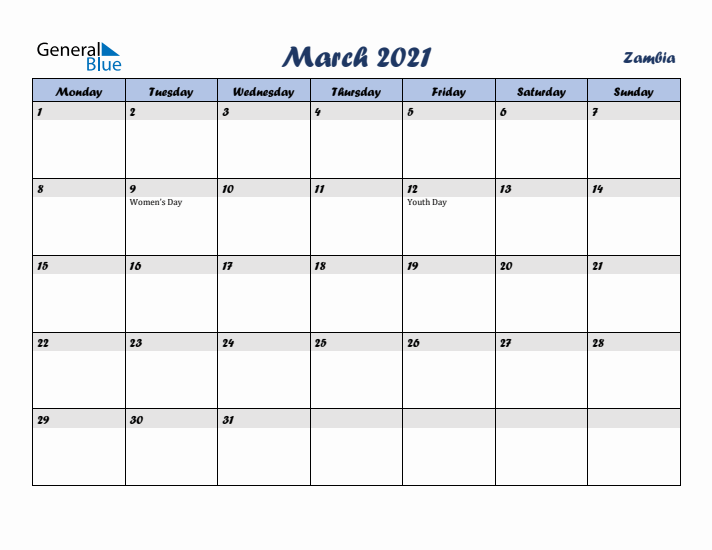 March 2021 Calendar with Holidays in Zambia